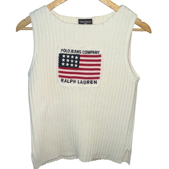 Polo Jeans Co. Ralph Lauren Sweaters - Polo Ralph Lauren American Flag Sleeveless Sweater Cream Cotton Ribbed 90s L